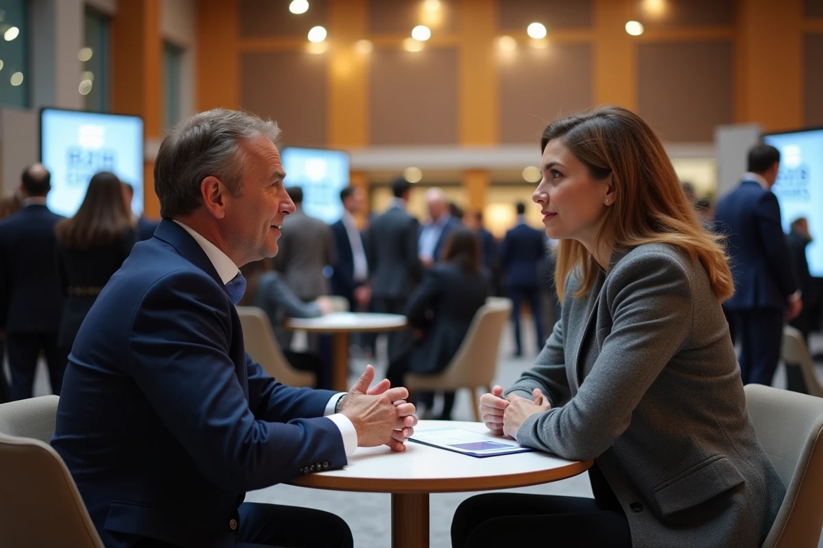 Deux professionnels en rendez-vous one to one lors d'un salon B2B networking