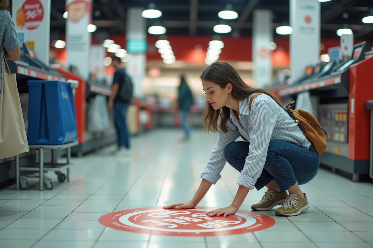 Jeune femme découvrant le logo Shopping Pass sur un adhésif sol près des caisses