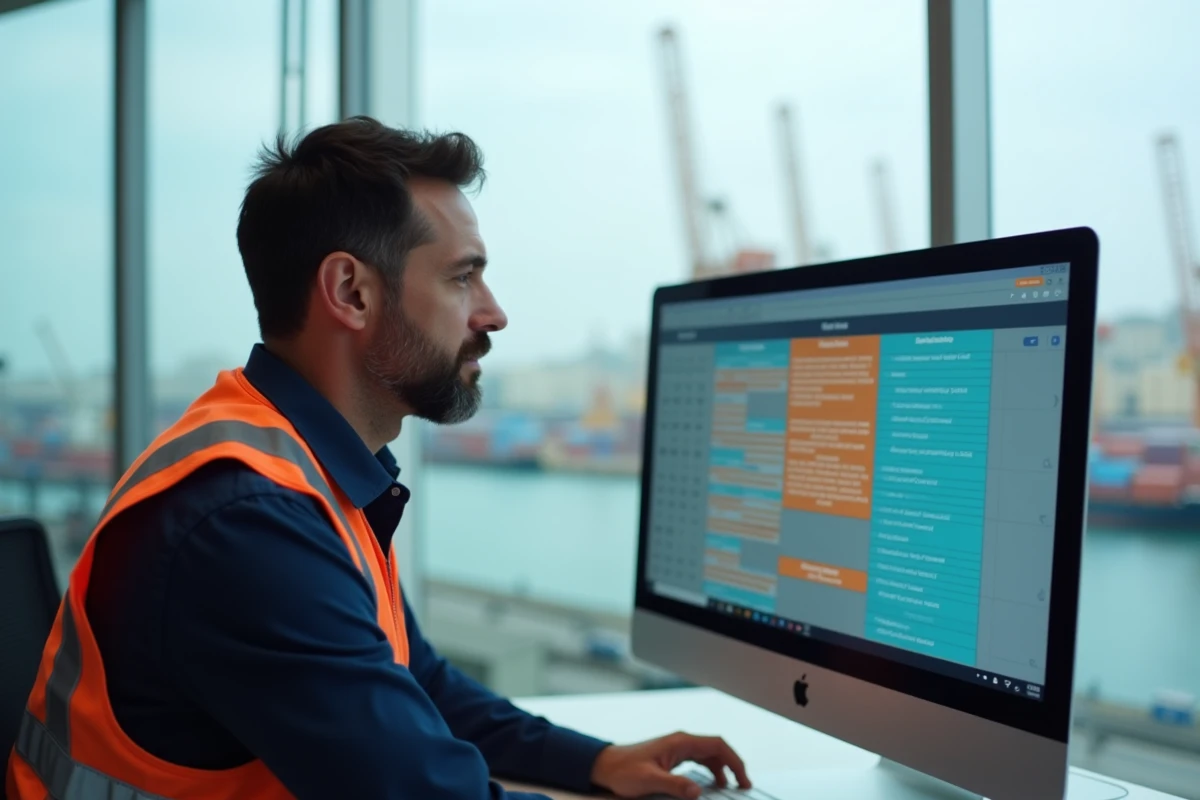 Responsable portuaire consultant un logiciel de gestion des congés sur écran dans un bureau avec vue sur le port de Marseille