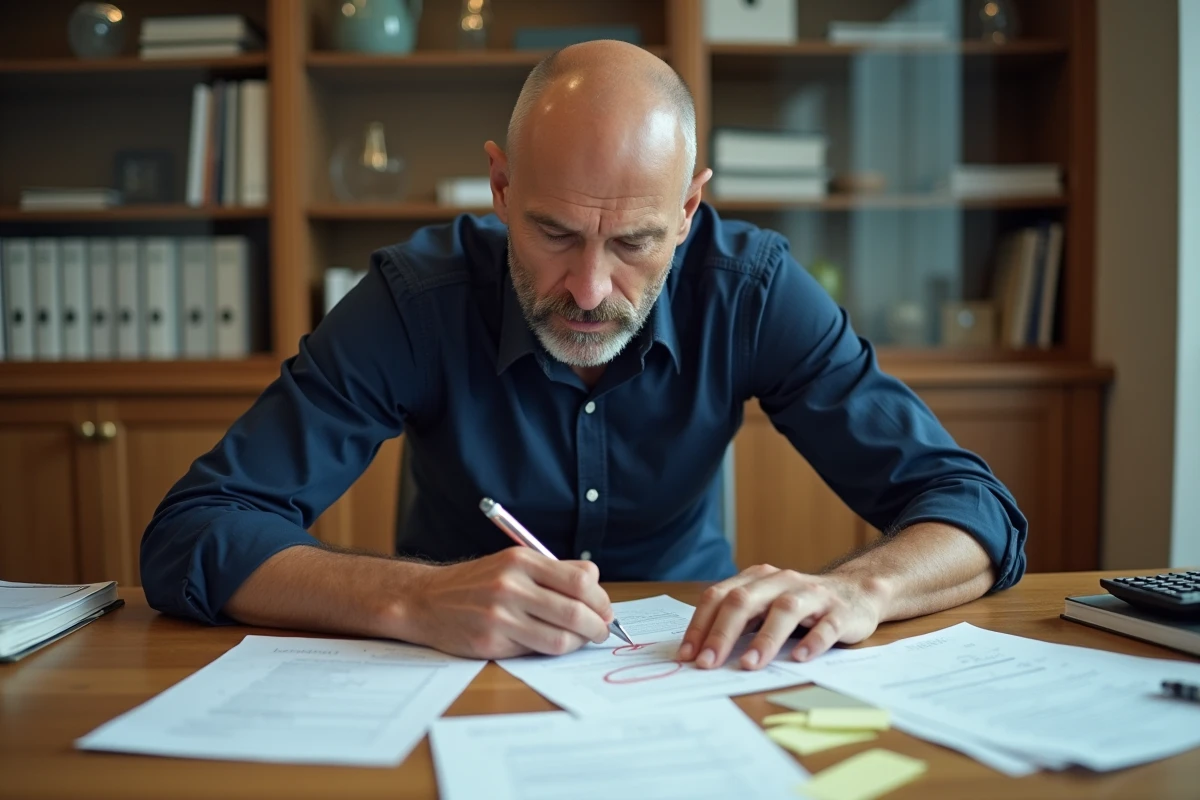 Responsable RH homme analysant des erreurs de calcul sur des feuilles de paie avec calculatrice et stylo rouge