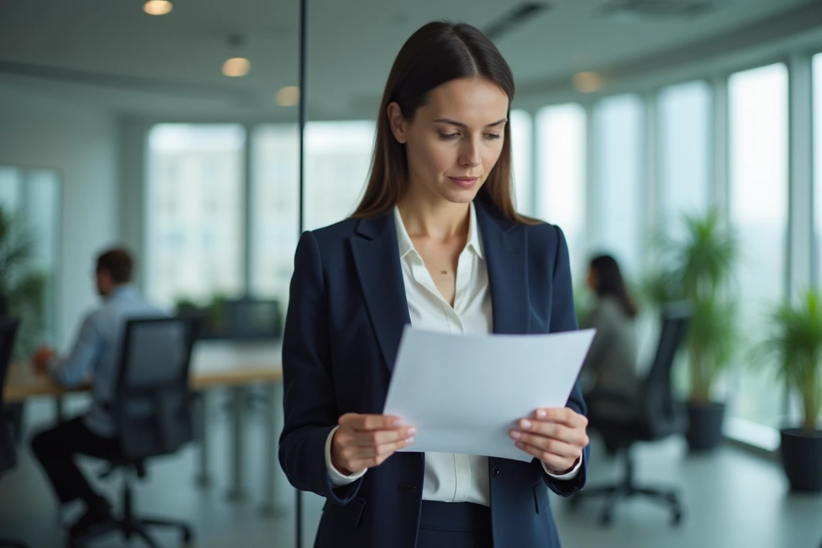 Responsable RH lisant une note de service de réorganisation de service dans une salle de réunion moderne