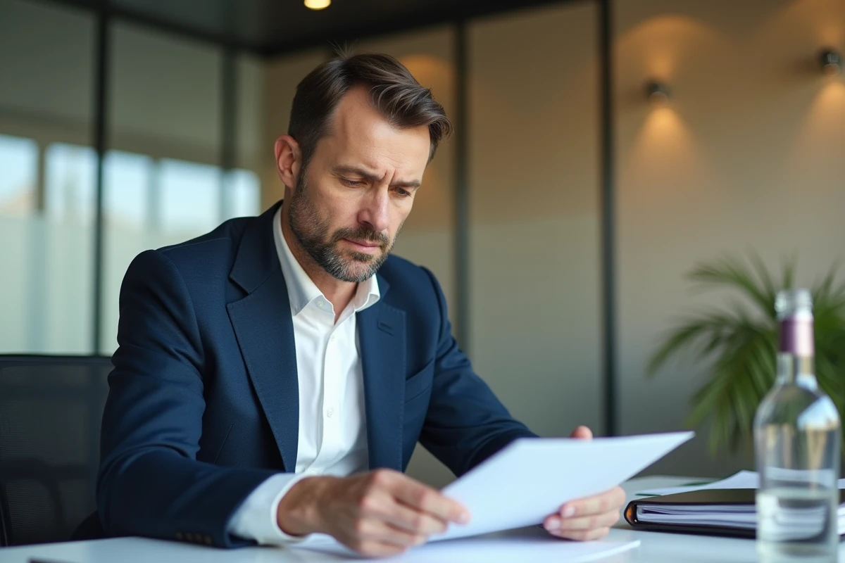 Responsable RH examinant une politique interne sur la consommation d'alcool au travail dans un bureau moderne