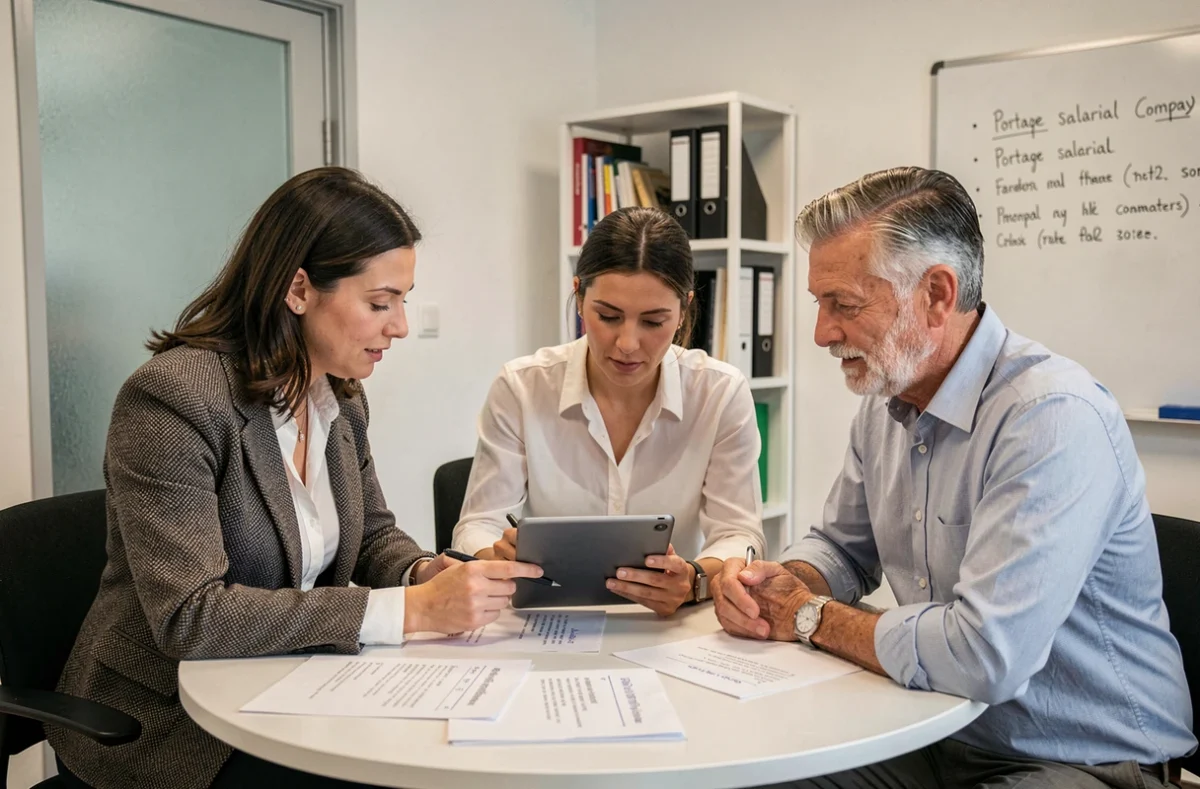 Groupe de professionnels comparant des sociétés de portage salarial lors d'une réunion dans un bureau à Grenoble