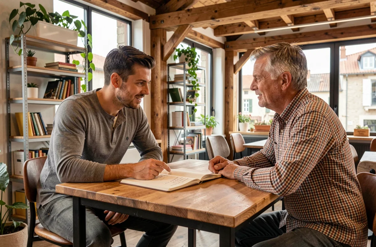 Deux hommes en réunion informelle dans un espace de coworking à Moulins, ambiance collaborative