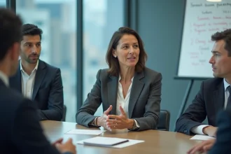 Femme cadre dirigeante en réunion de communication de crise dans une salle de conférence professionnelle