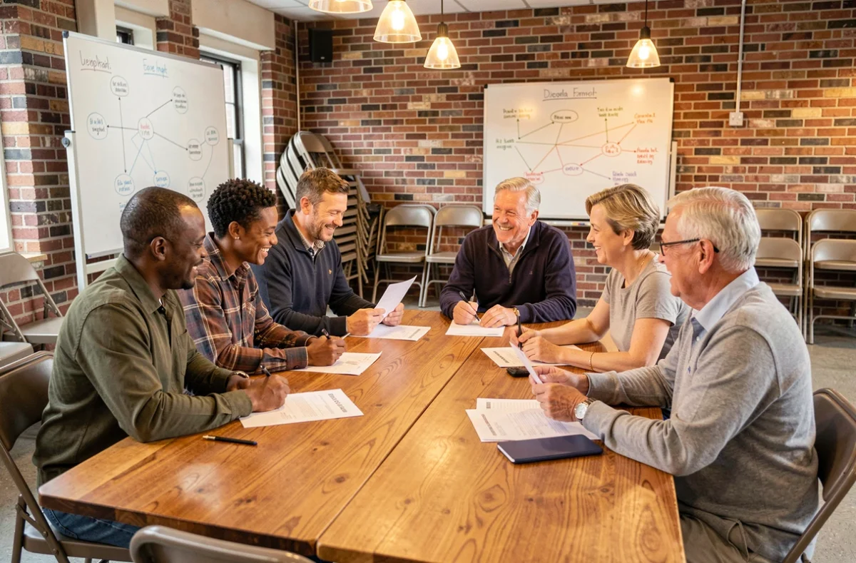 Réunion de membres d'une coopérative d'énergie locale autour d'une table en bois pour discuter de la gestion de l'électricité communautaire