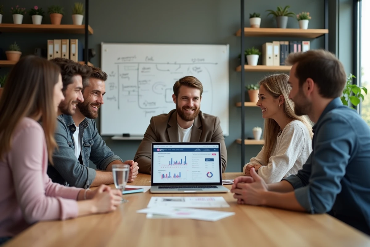 Groupe de collègues discutant autour d un tableau numérique dans une salle de réunion