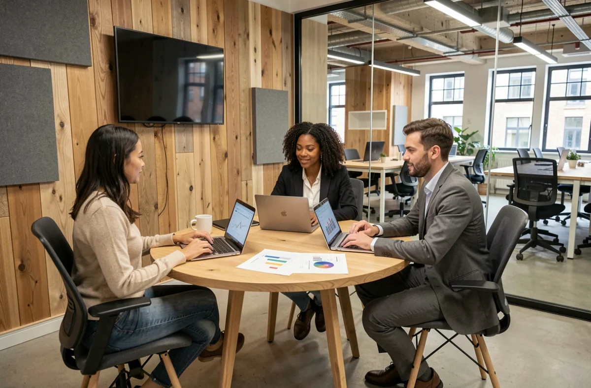 Équipe de professionnels en réunion dans un espace de coworking partagé à Bordeaux