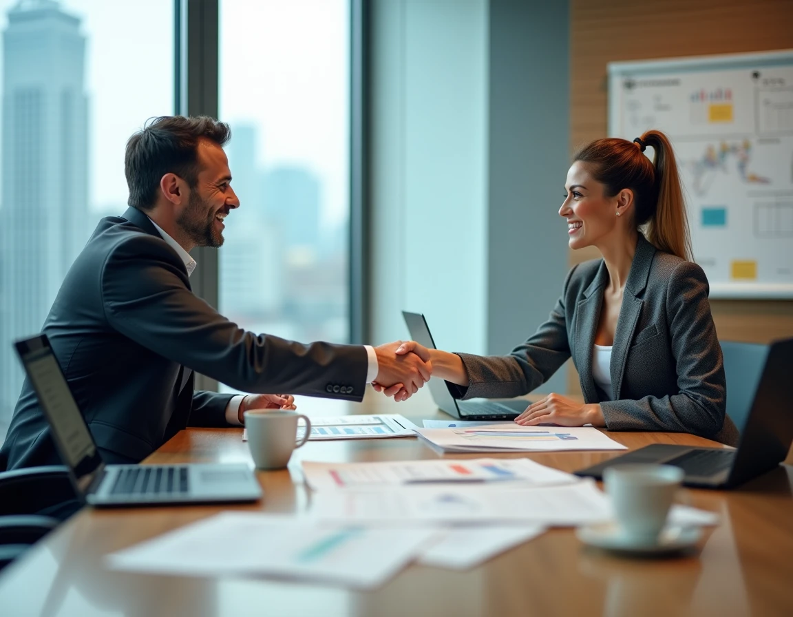 Deux professionnels B2B concluant un partenariat commercial autour de rapports de prospection en salle de réunion
