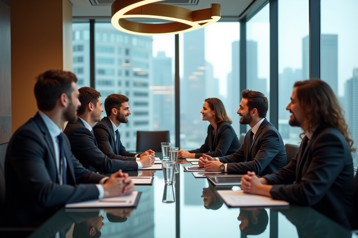 Groupe de professionnels en réunion dans un espace de travail moderne