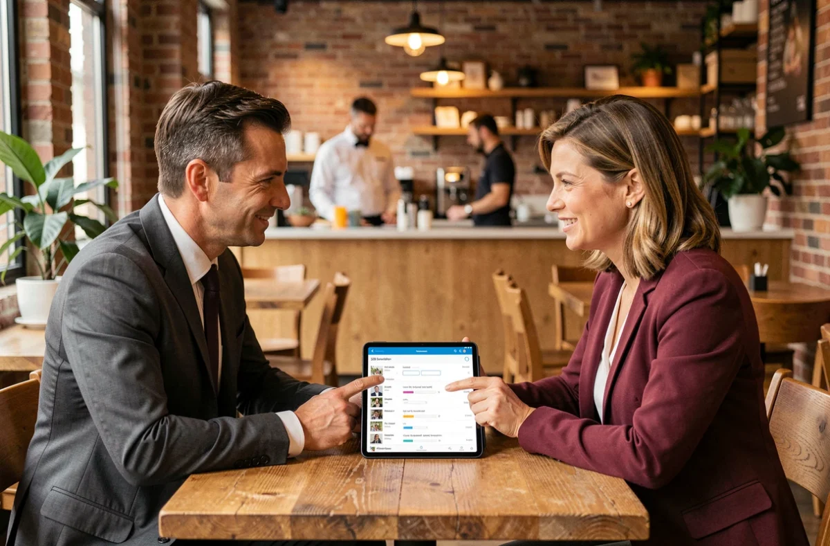 Deux professionnels en réunion dans un café consultant une interface d'abonnement B2B sur une tablette numérique