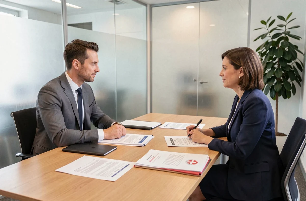 Réunion professionnelle autour des démarches et tarifs de domiciliation d'entreprise à Genève dans une salle de conférence moderne