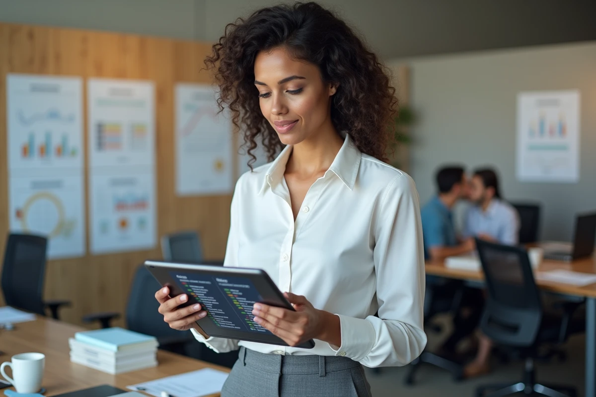 Responsable RH utilisant une tablette pour suivre les congés des employés dans les bureaux administratifs du port de Marseille