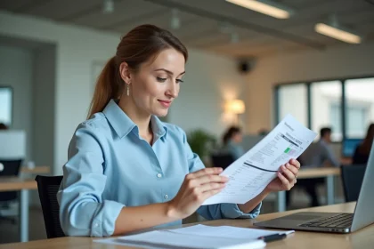 Salariée consultant sa fiche de paie sur un logiciel RH au bureau