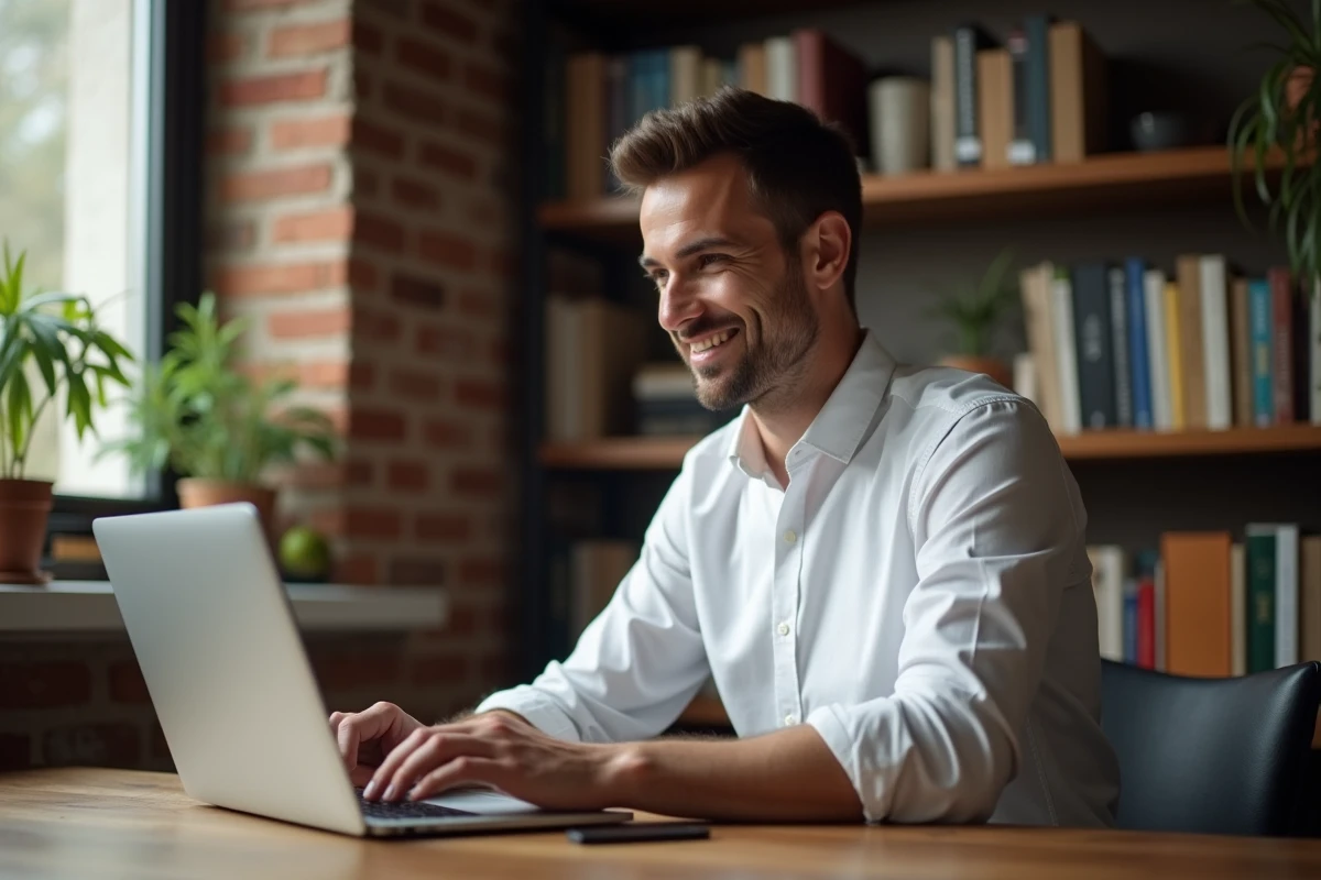 Homme rédigeant un script de prise de contact par email depuis son bureau à domicile