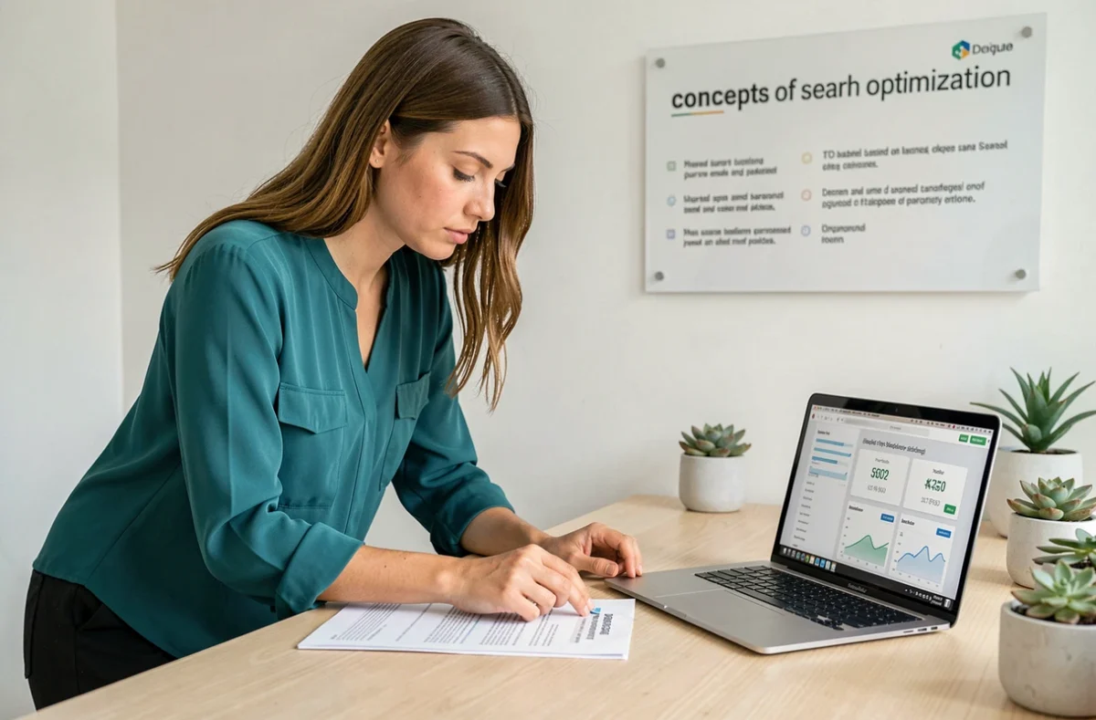Analyste SEO de Seobooster examinant un rapport d'audit de site web à un bureau debout dans un bureau minimaliste