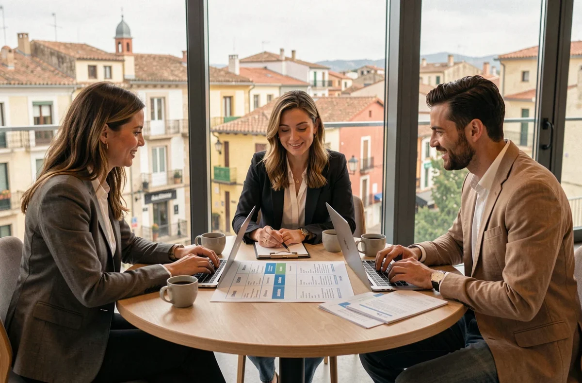 Trois professionnels du marketing à Perpignan comparant des agences SEO locales autour d'une table dans un espace de travail moderne