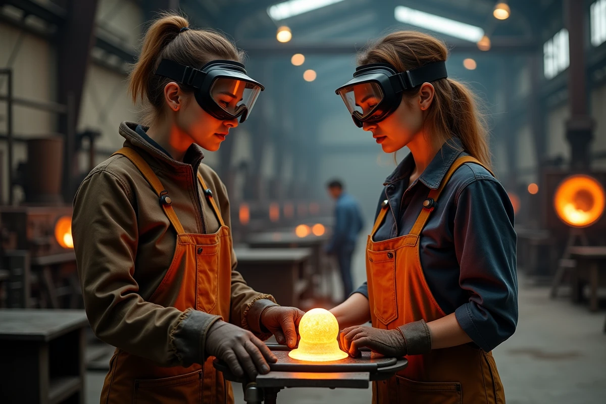 Souffleuse de verre et son apprentie discutant d'une pièce en verre fondu dans une verrerie industrielle, symbolisant la transmission des savoirs artisanaux féminins