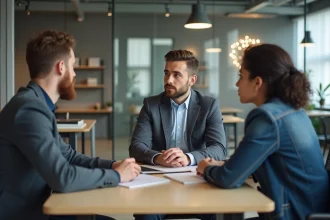 Homme professionnel expliquant stratégie à deux fondateurs startup