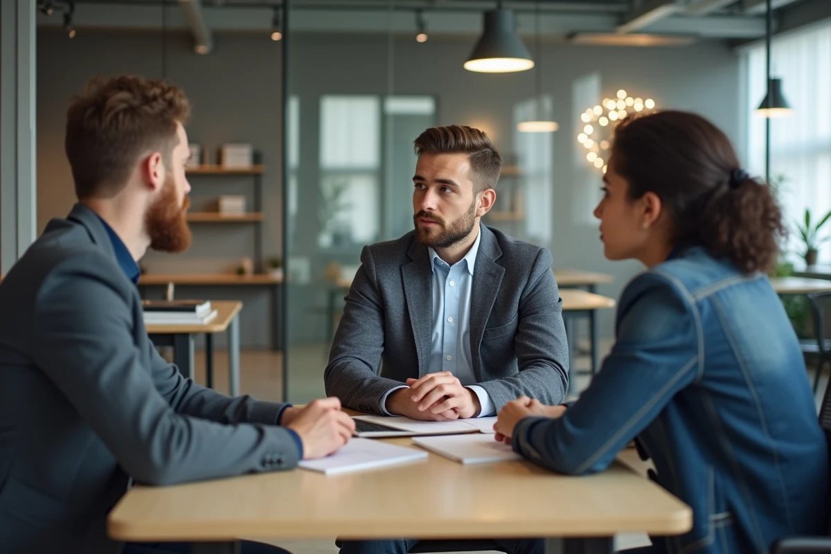 Homme professionnel expliquant stratégie à deux fondateurs startup
