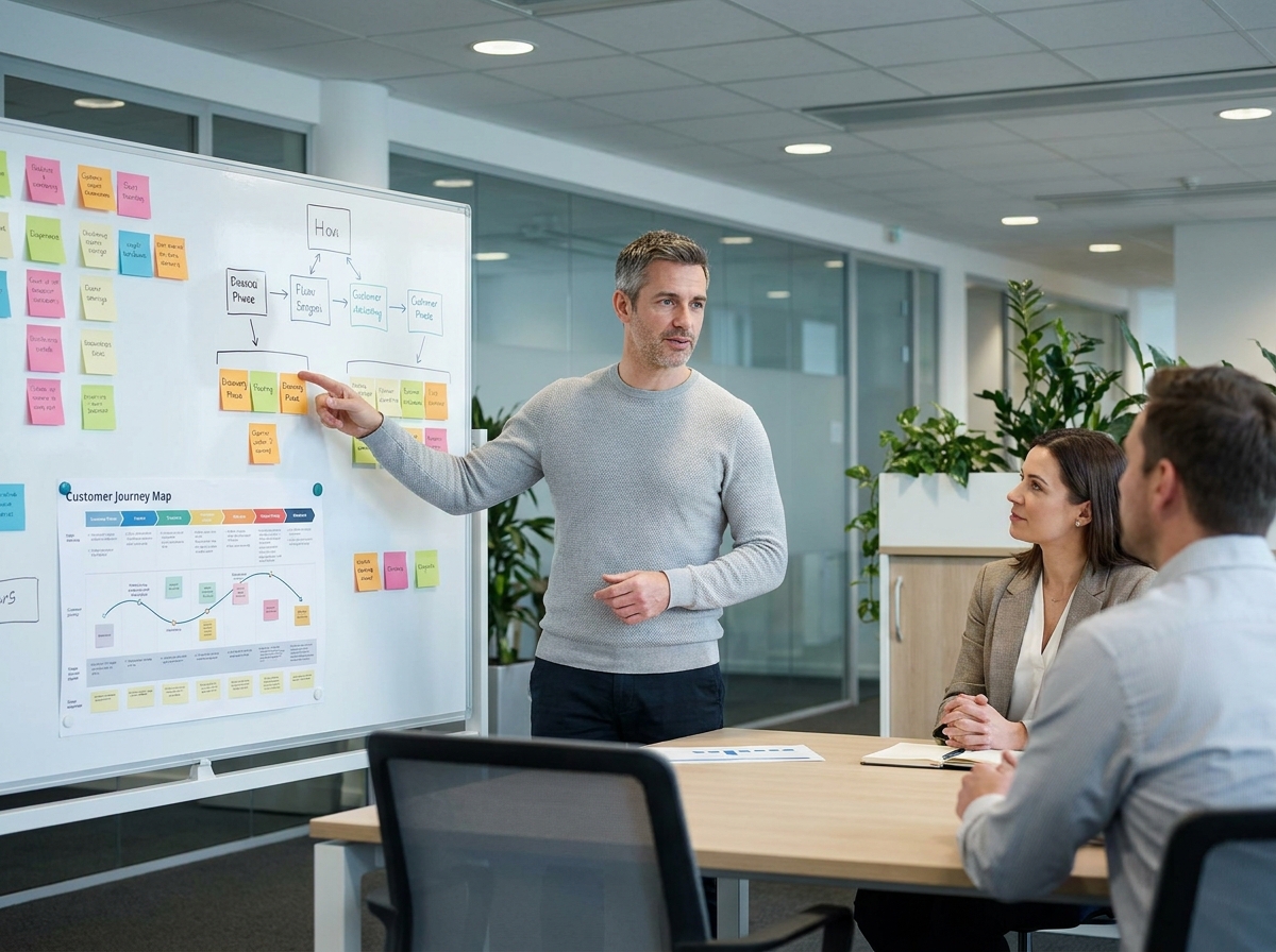 Manager d'équipe présentant une stratégie de fidélisation client devant un tableau de travail collaboratif