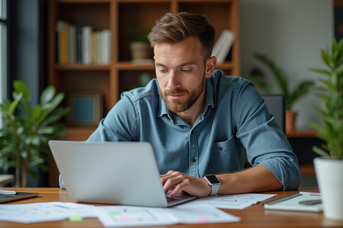 Jeune stratège marketing travaillant seul à son bureau