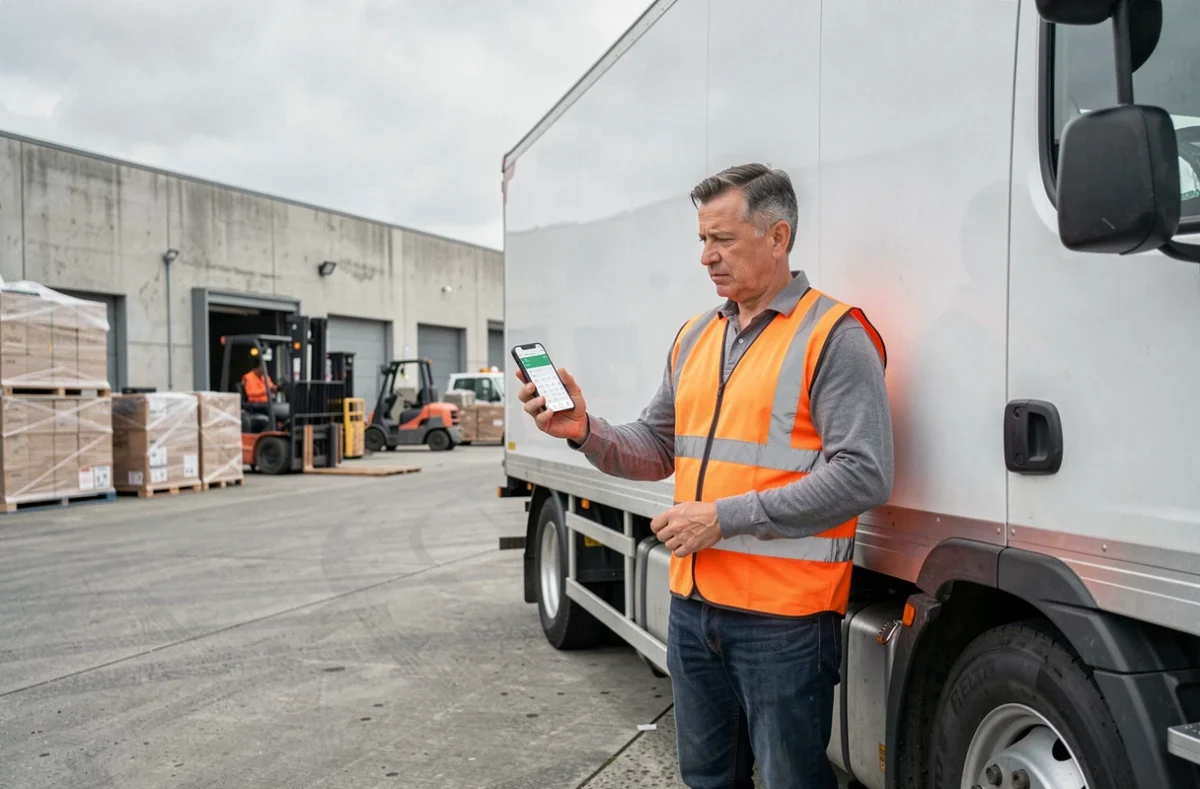 Chauffeur routier consultant un calculateur de taux horaire sur son téléphone devant un camion frigorifique