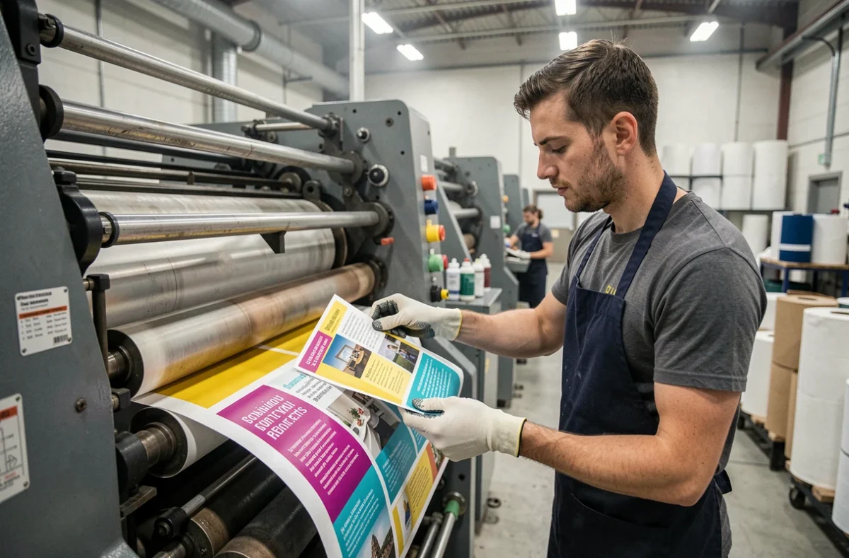 Technicien en imprimerie industrielle inspectant une circulaire promotionnelle sortant d'une presse offset, illustration de l'externalisation professionnelle d'impression en 2026