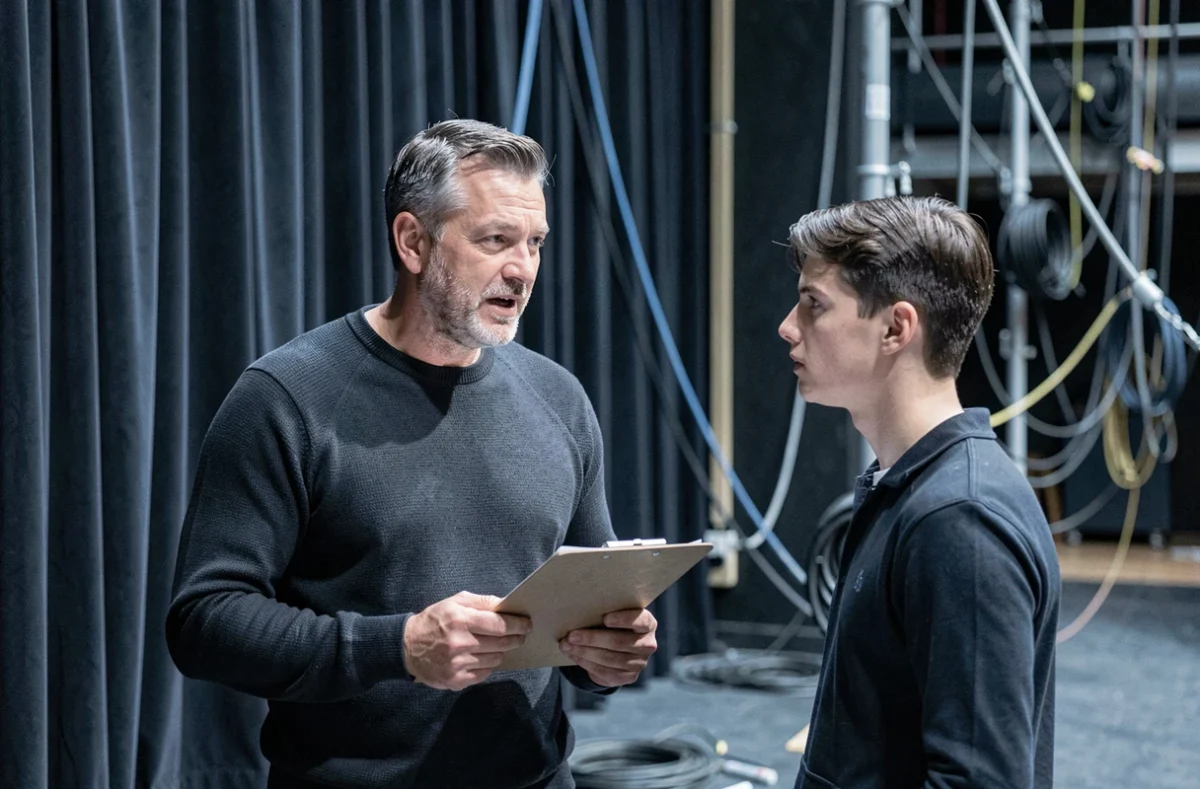 Un technicien intermittent du spectacle discute de son statut professionnel en coulisses d'un théâtre