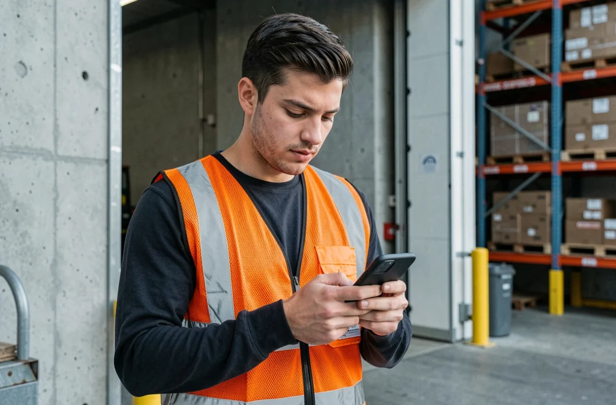 Technicien terrain vérifiant ses pointages et congés sur l'application mobile Octime dans un entrepôt