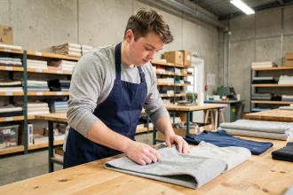 Jeune adulte en situation de handicap travaillant dans un atelier ESAT, triant des textiles avec soin et application