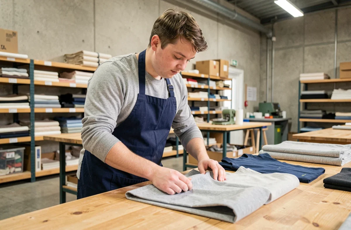 Jeune adulte en situation de handicap travaillant dans un atelier ESAT, triant des textiles avec soin et application
