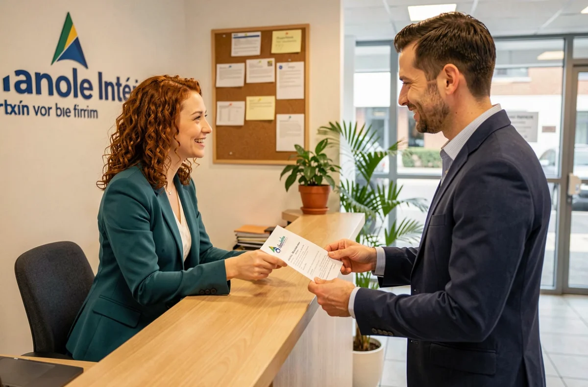 Spécialiste de recrutement de l'agence Triangle Intérim accueillant un candidat à la réception