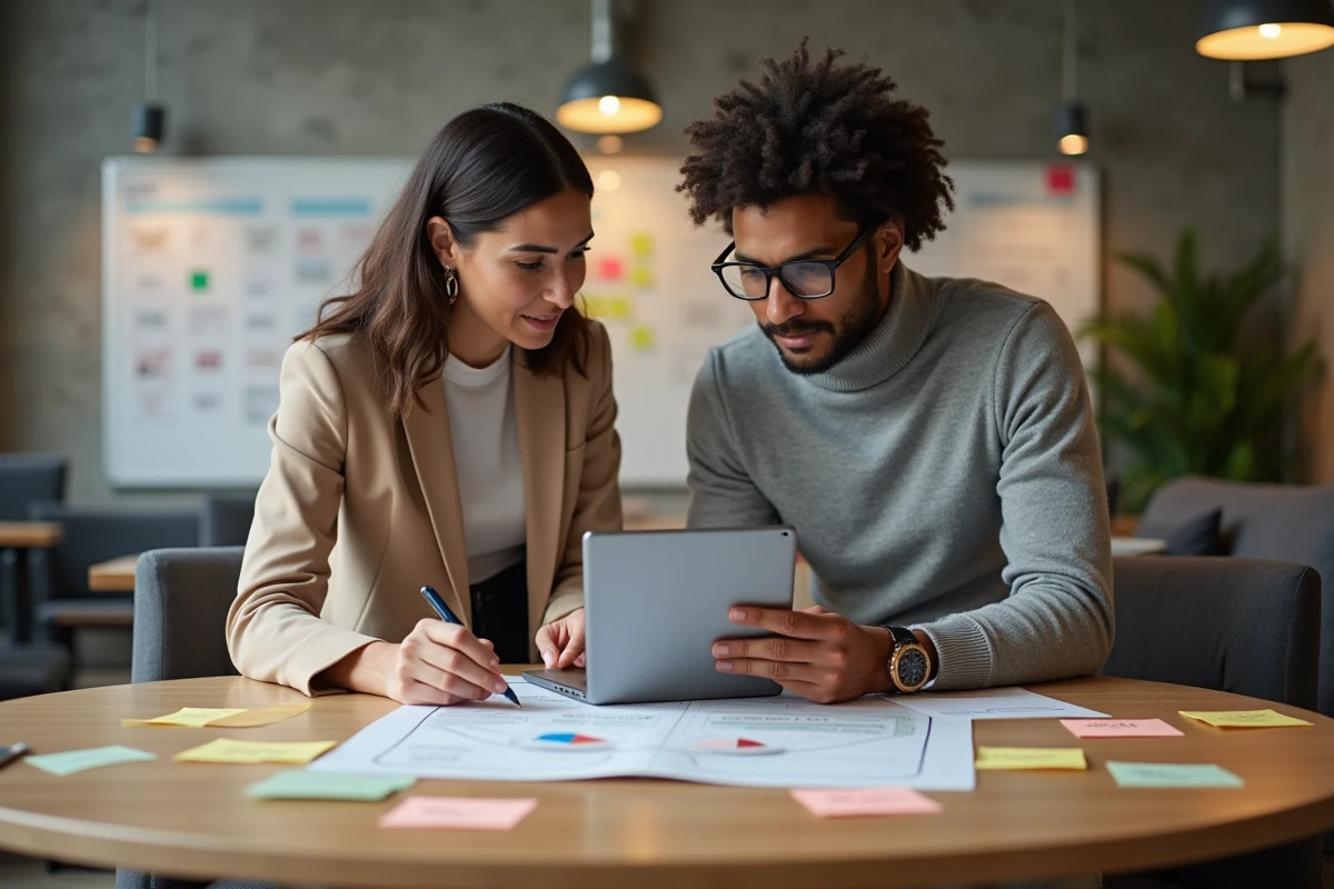 Deux professionnels B2B collaborant autour d'une table avec des personas et un tunnel de contenu pour optimiser leur univers commercial