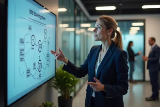 Femme professionnelle en blazer marine présentant une stratégie d'univers B2B sur un écran dans un open space moderne