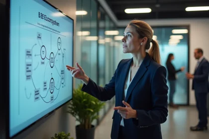 Femme professionnelle en blazer marine présentant une stratégie d'univers B2B sur un écran dans un open space moderne
