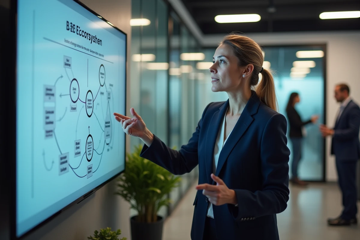 Femme professionnelle en blazer marine présentant une stratégie d'univers B2B sur un écran dans un open space moderne