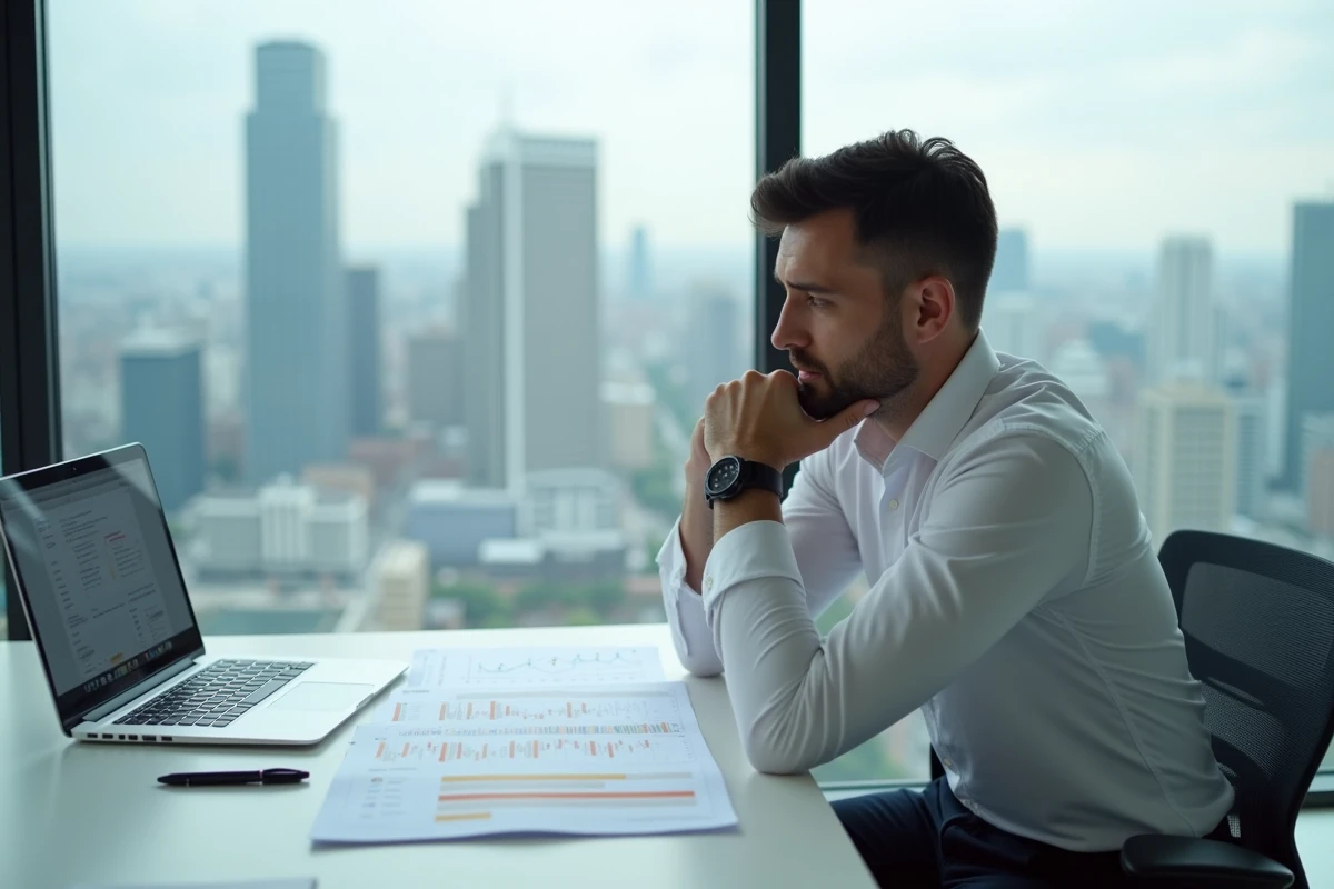 Homme d'affaires analysant des parcours prospects B2B sur son bureau avec un CRM ouvert en arrière-plan urbain