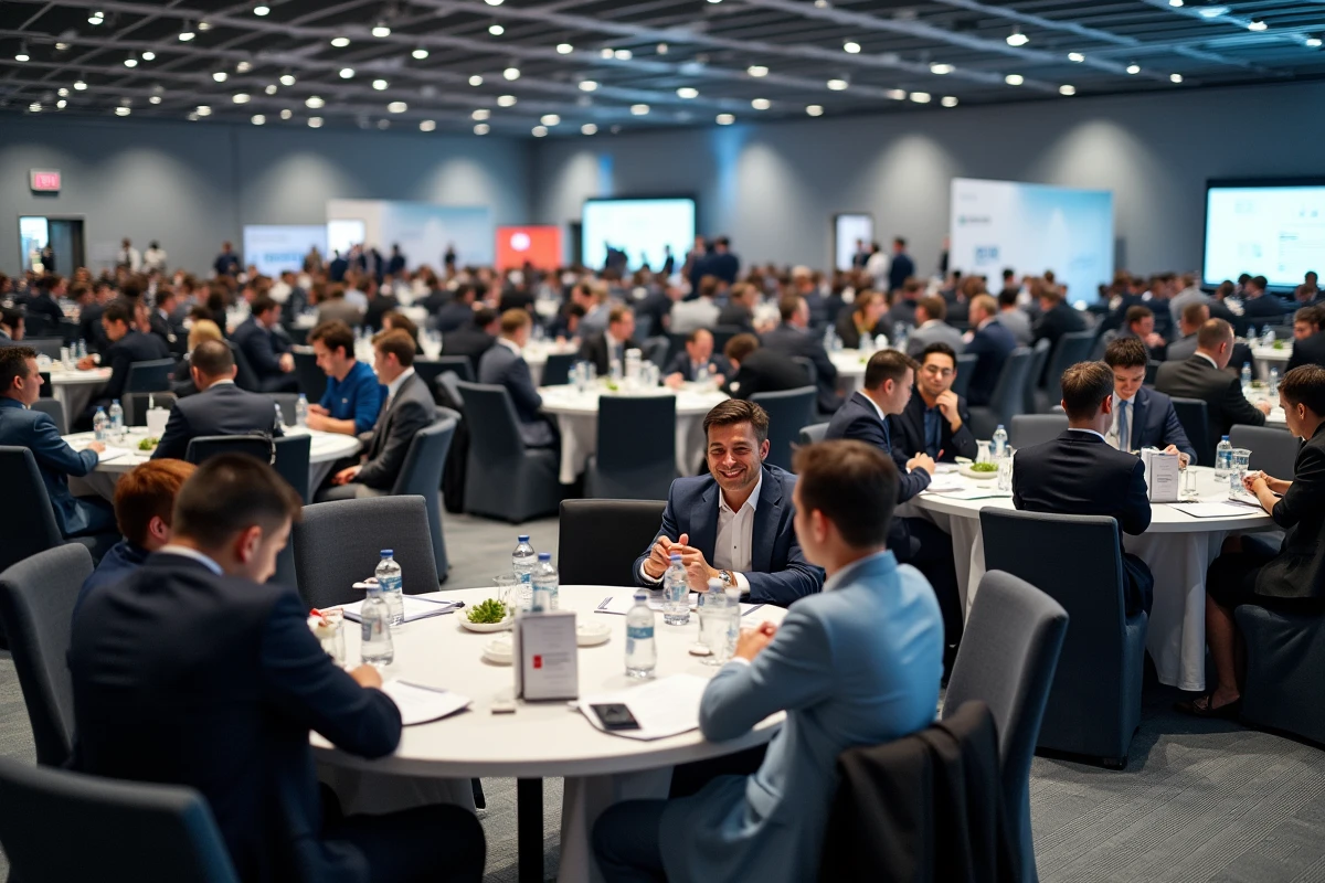 Vue d'ensemble d'un salon B2B avec des tables de rendez-vous one to one organisés